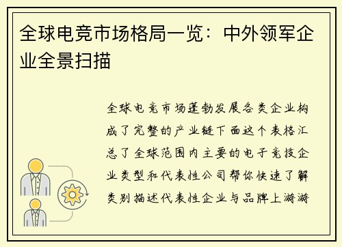 全球电竞市场格局一览：中外领军企业全景扫描